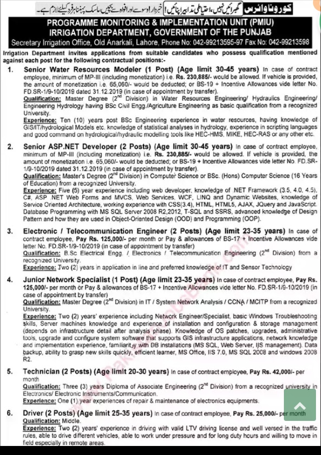 Latest jobs Pakistan Irrigation Department Punjab