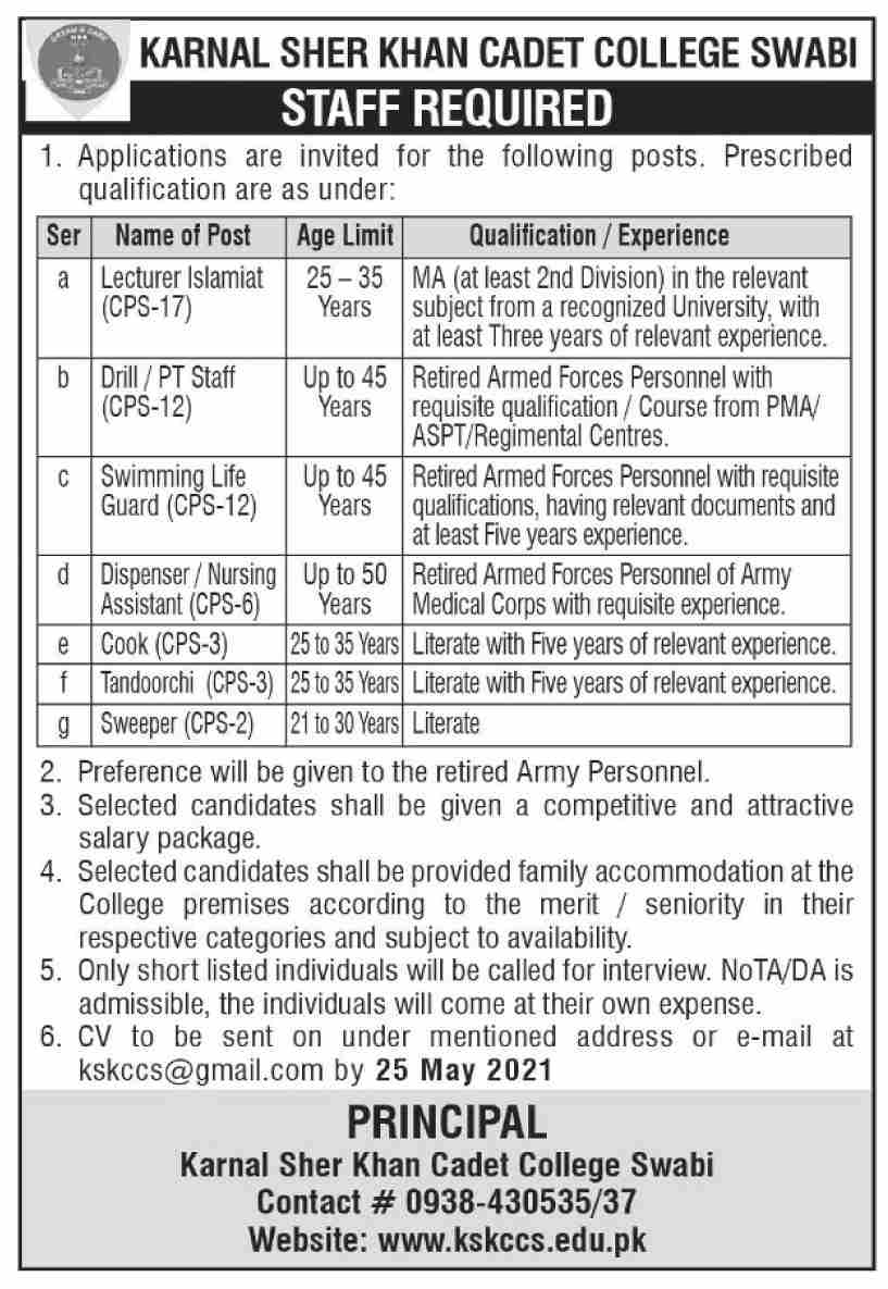 Pakistan Government Jobs Karnal Sher Khan Cadet College Swabi
