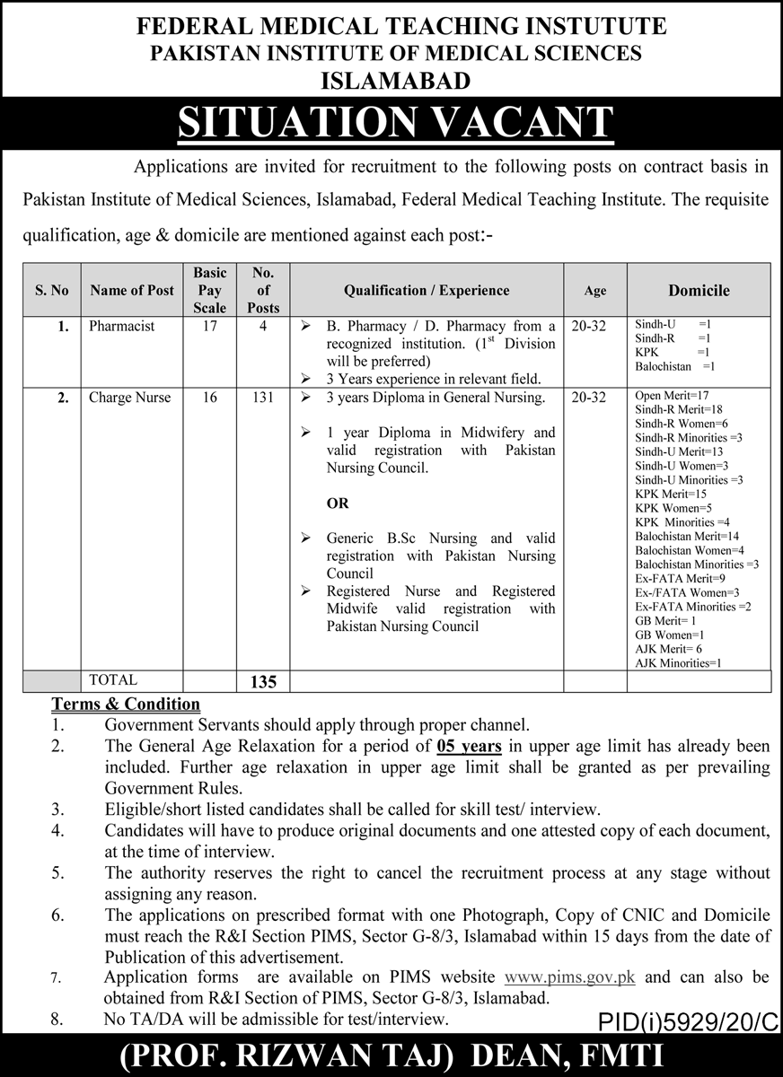 Pakistan Government Jobs Pakistan Institute of Medical Sciences PIMS