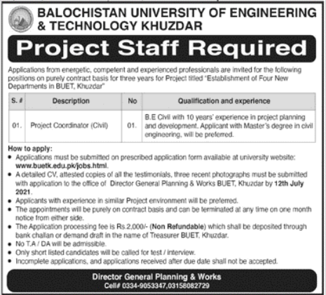 Latest govt jobs Balochistan University of Engineering and Technology