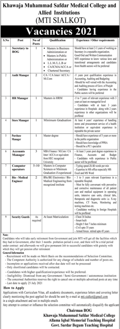 Latest govt jobs Khawaja Muhammad Safdar Medical College