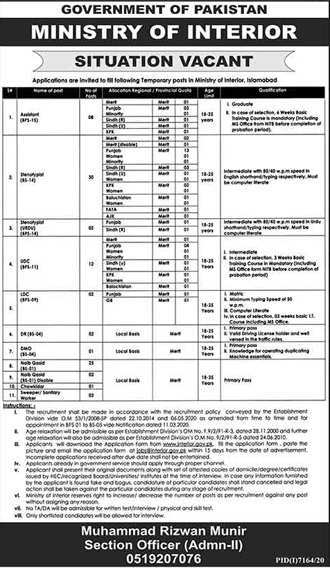 Latest govt jobs Ministry of Interior of Pakistan