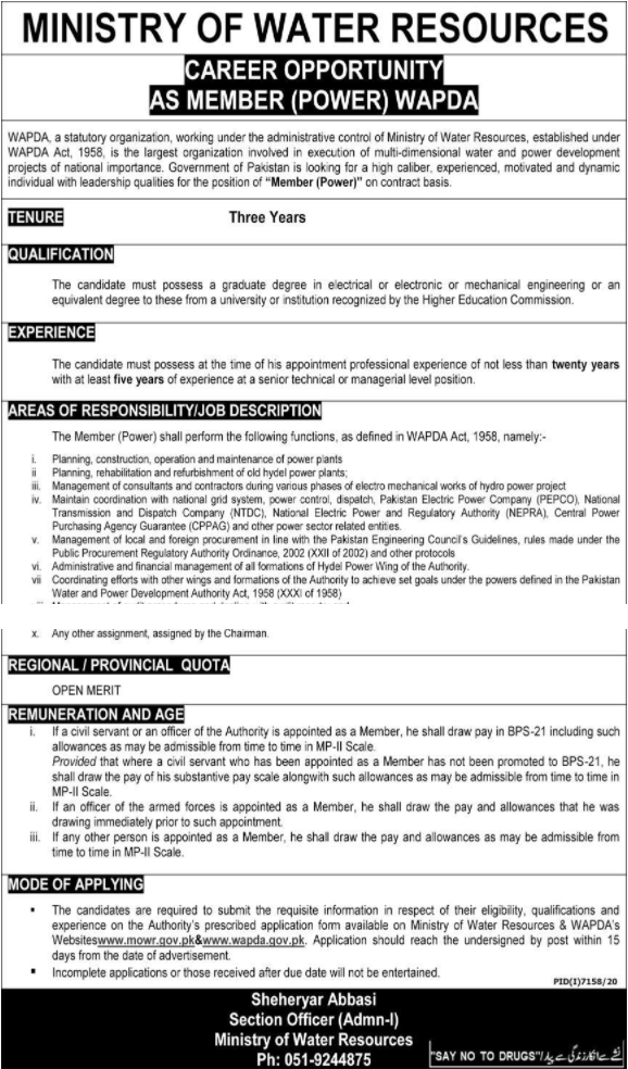 Latest govt jobs Ministry of Water Resources of Pakistan