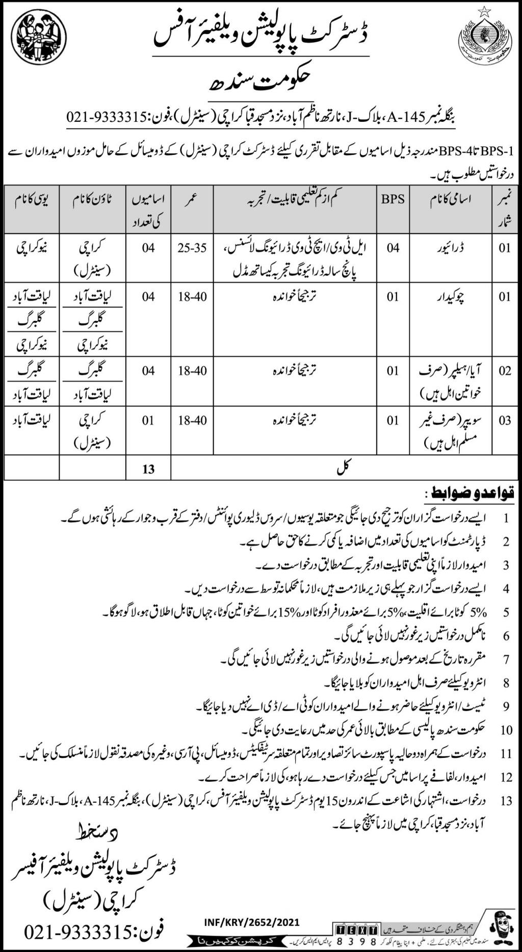 Latest govt jobs Population Welfare Department