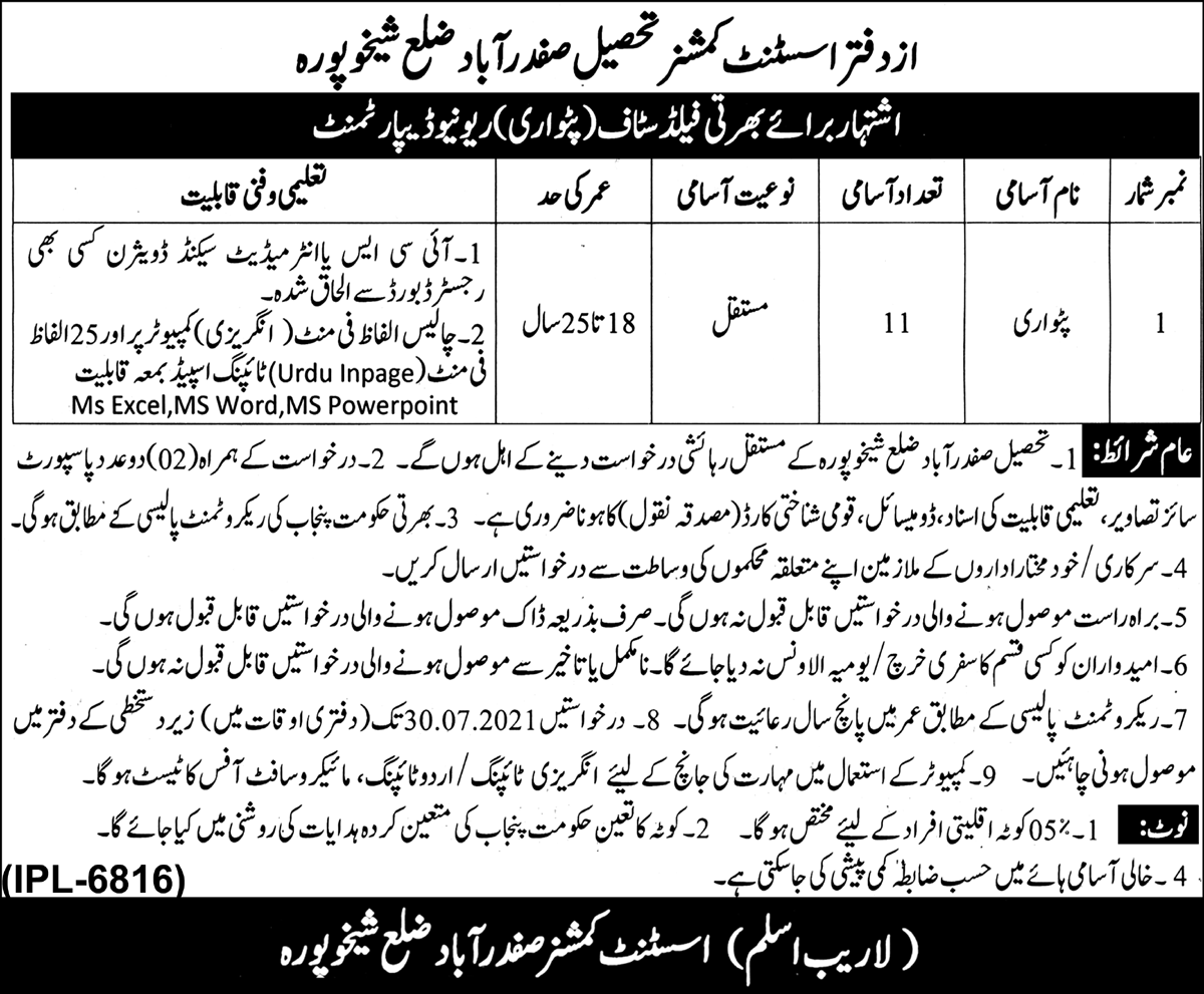 Latest govt jobs Punjab Revenue Authority
