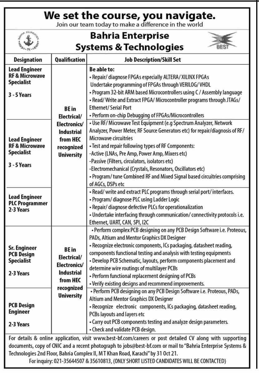 Bahria Enterprise Systems and Technologies jobs 2021