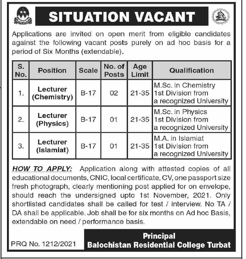 Latest govt jobs Balochistan Residential College