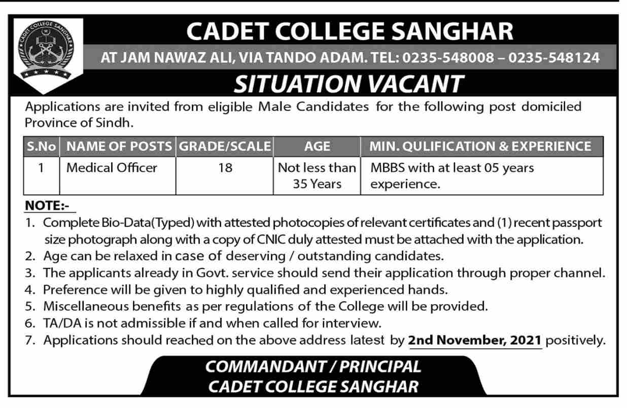 Latest govt jobs today Cadet College