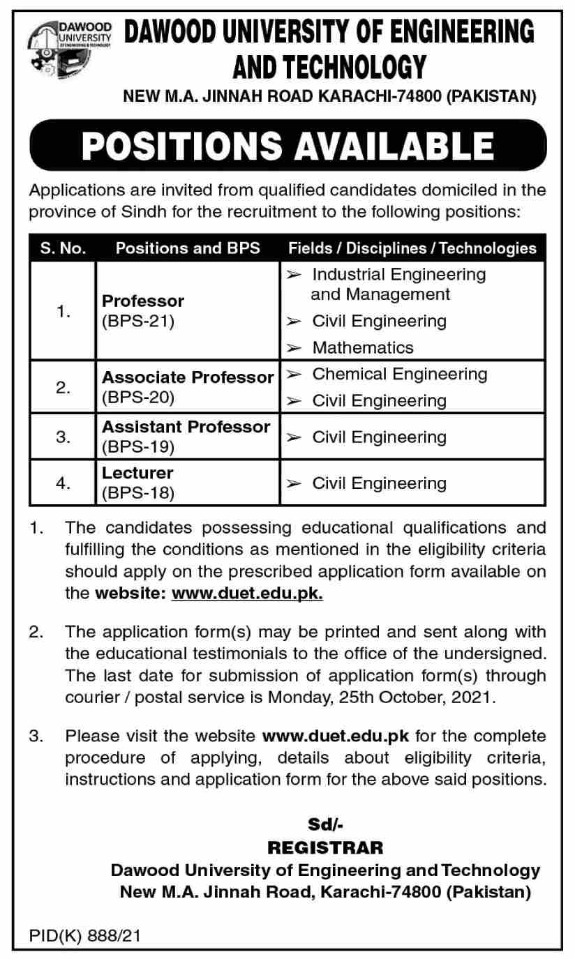 Latest jobs Dawood University of Eengineering and Technology
