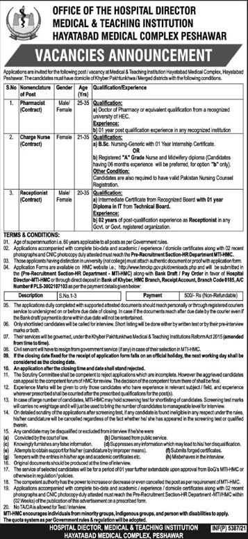 Latest govt jobs Hayatabad Medical Complex