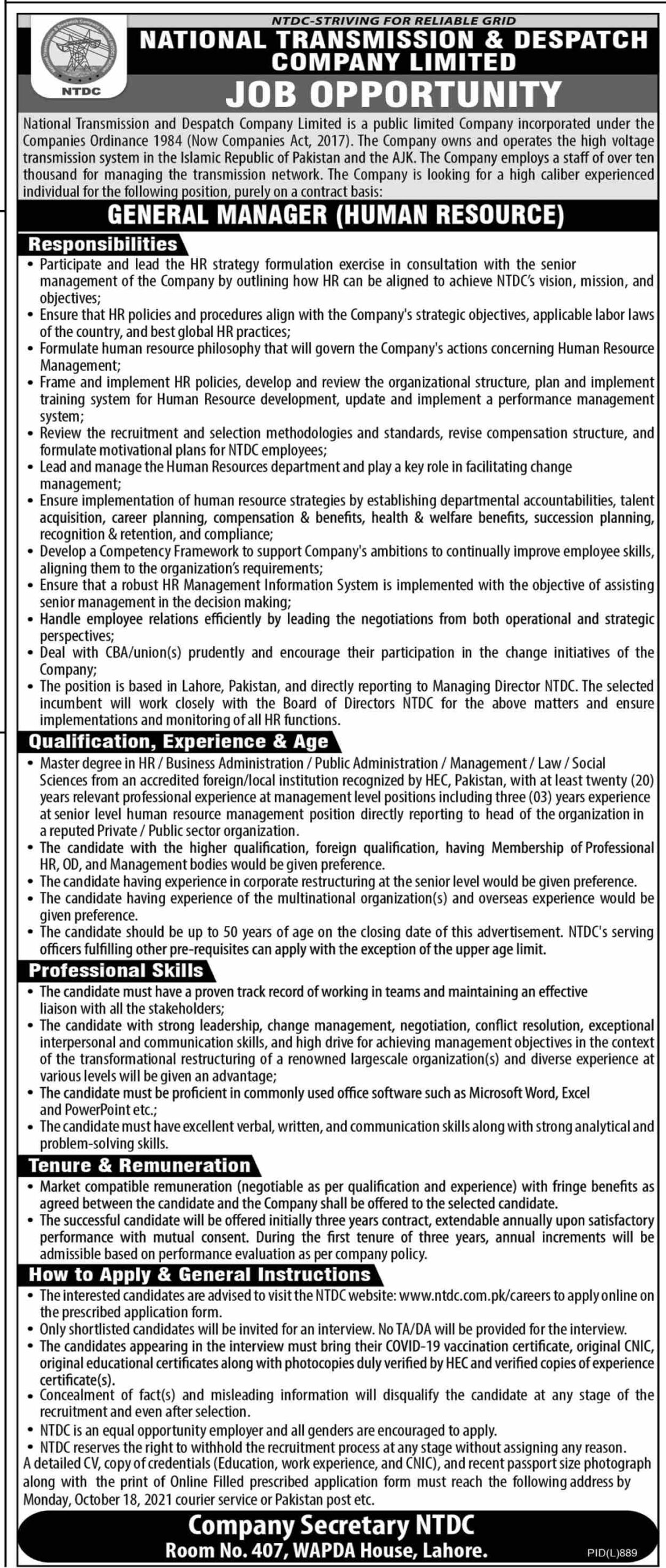 National transmission and despatch company limited jobs 2021