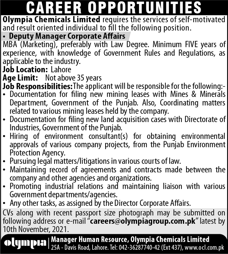 Olympia Chemicals Limited jobs 2021