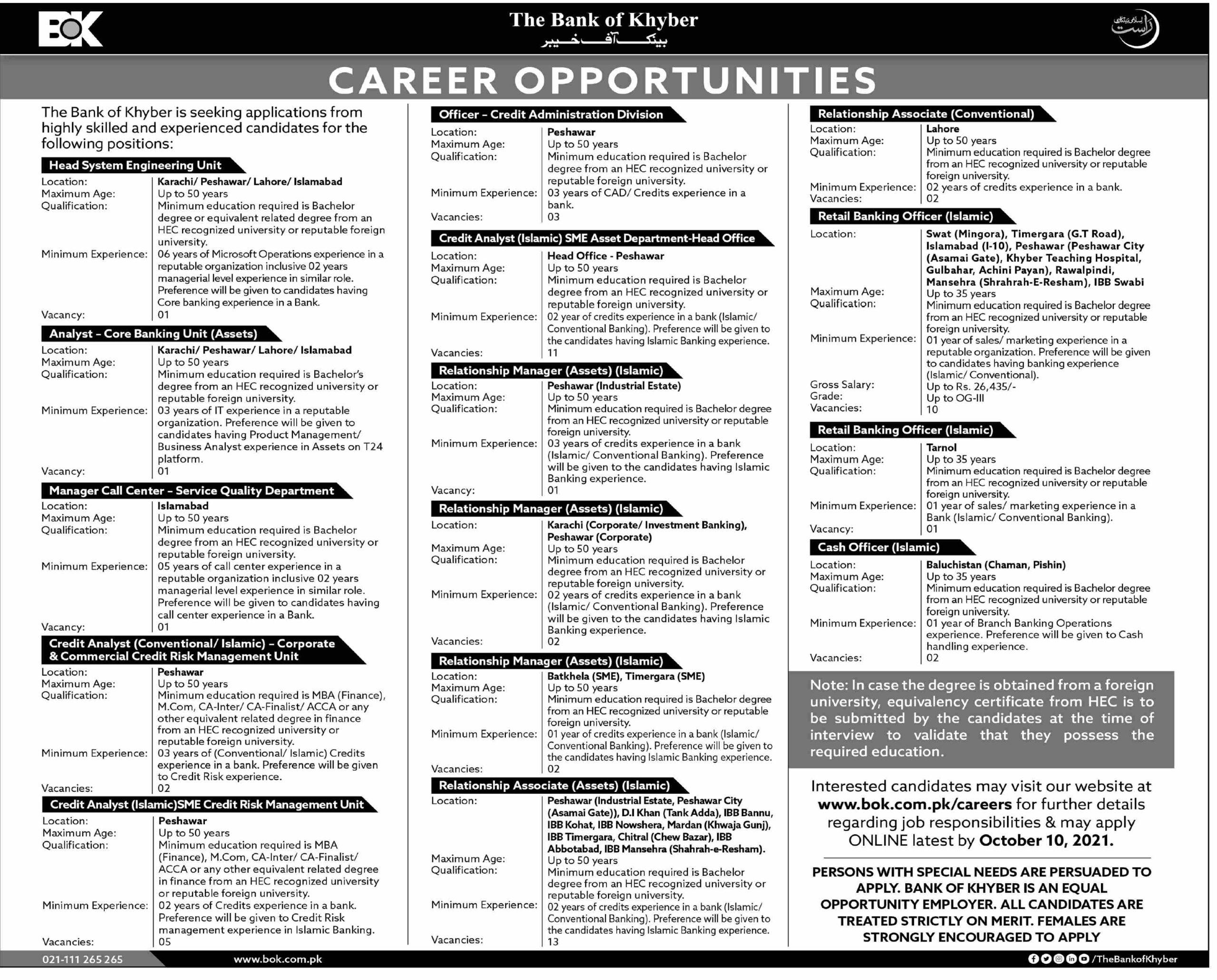 Latest govt jobs The Bank of Khyber