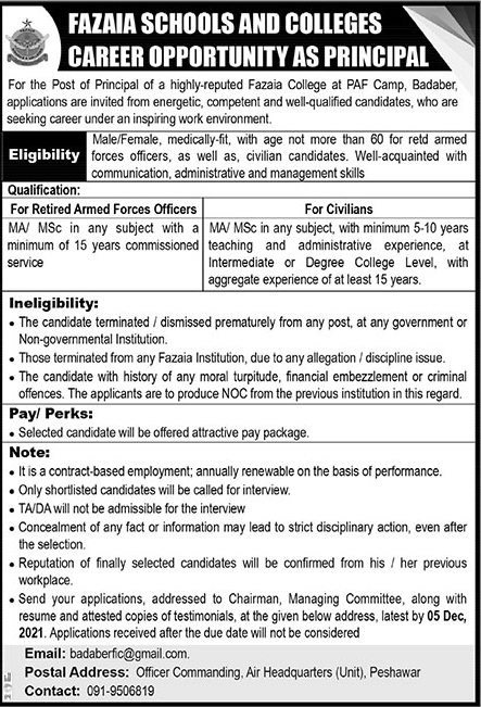Fazaia Inter College Job application Form
