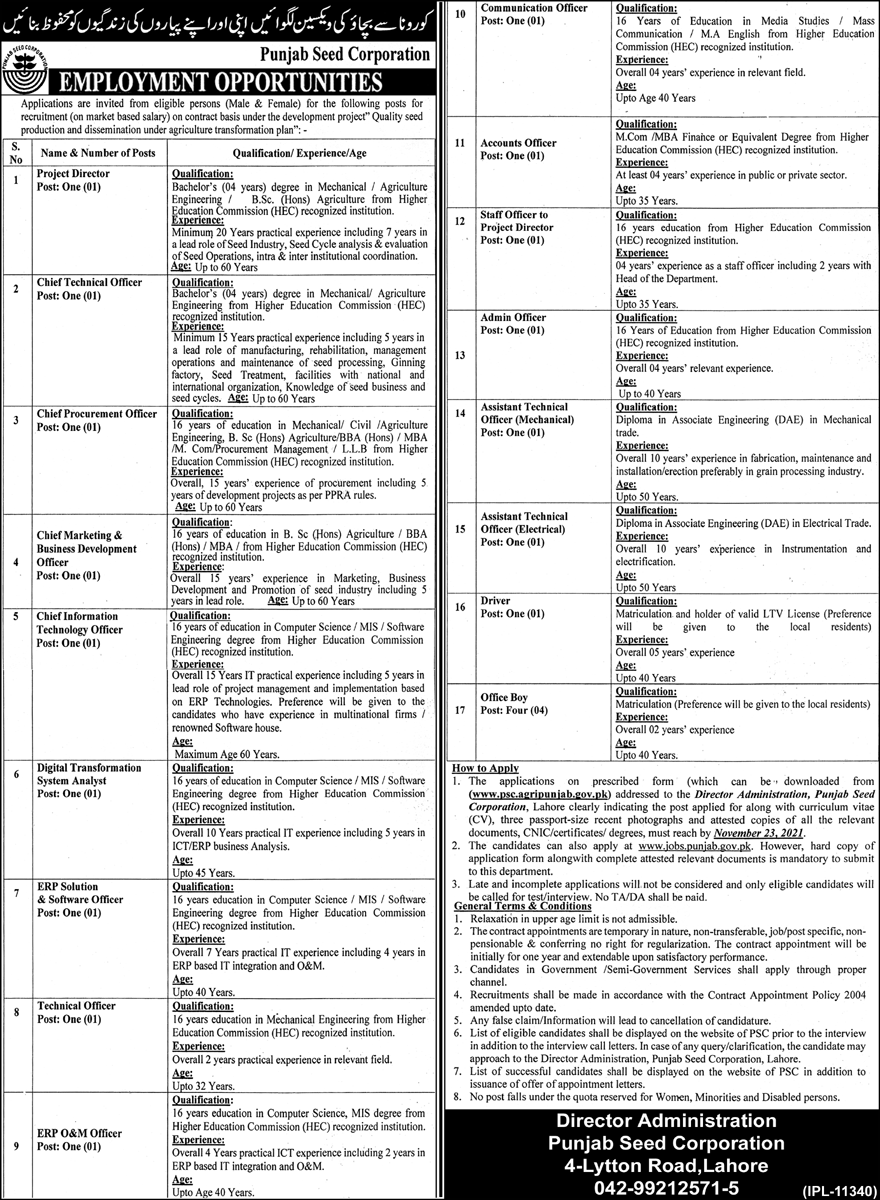 Punjab Seed Corporation govt jobs