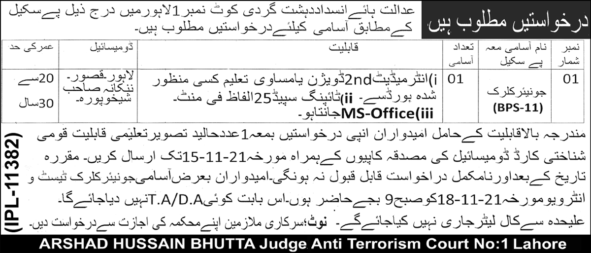 Anti Terrorism Court govt jobs