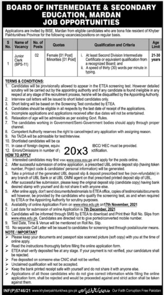 Latest govt jobs BISE Mardan