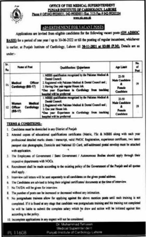 Latest govt jobs Punjab Institute of Cardiology
