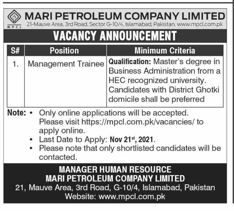 Latest govt jobs Mari Petroleum Company