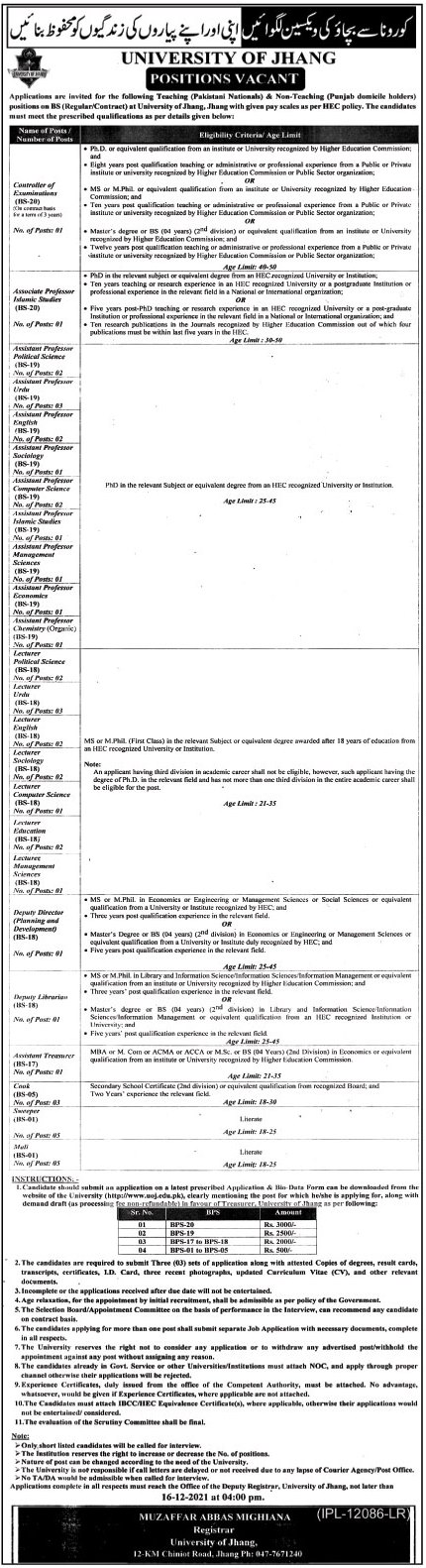 University of Jhang Jobs 2021