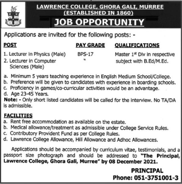 Lawrence College Murree Jobs 2021