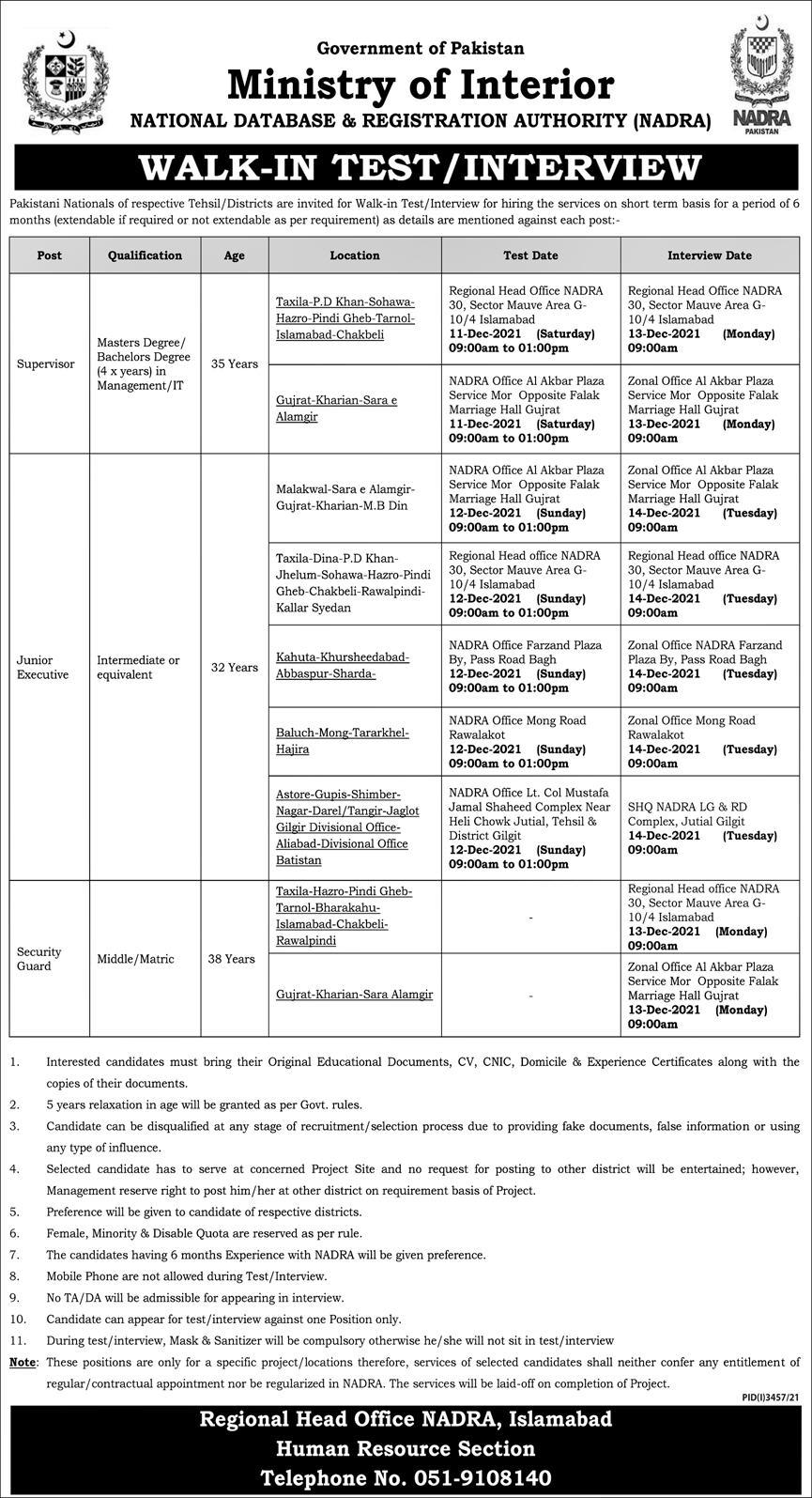 NADRA jobs 2021 Islamabad