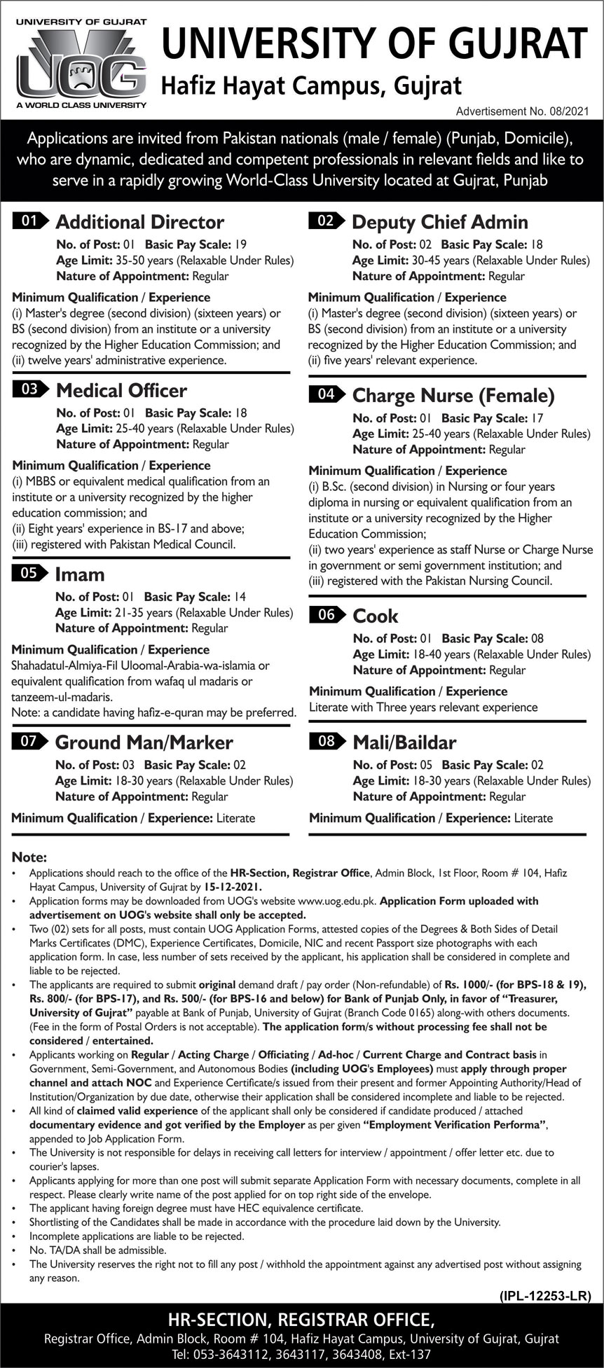 University of Gujrat Jobs advertisement 2021