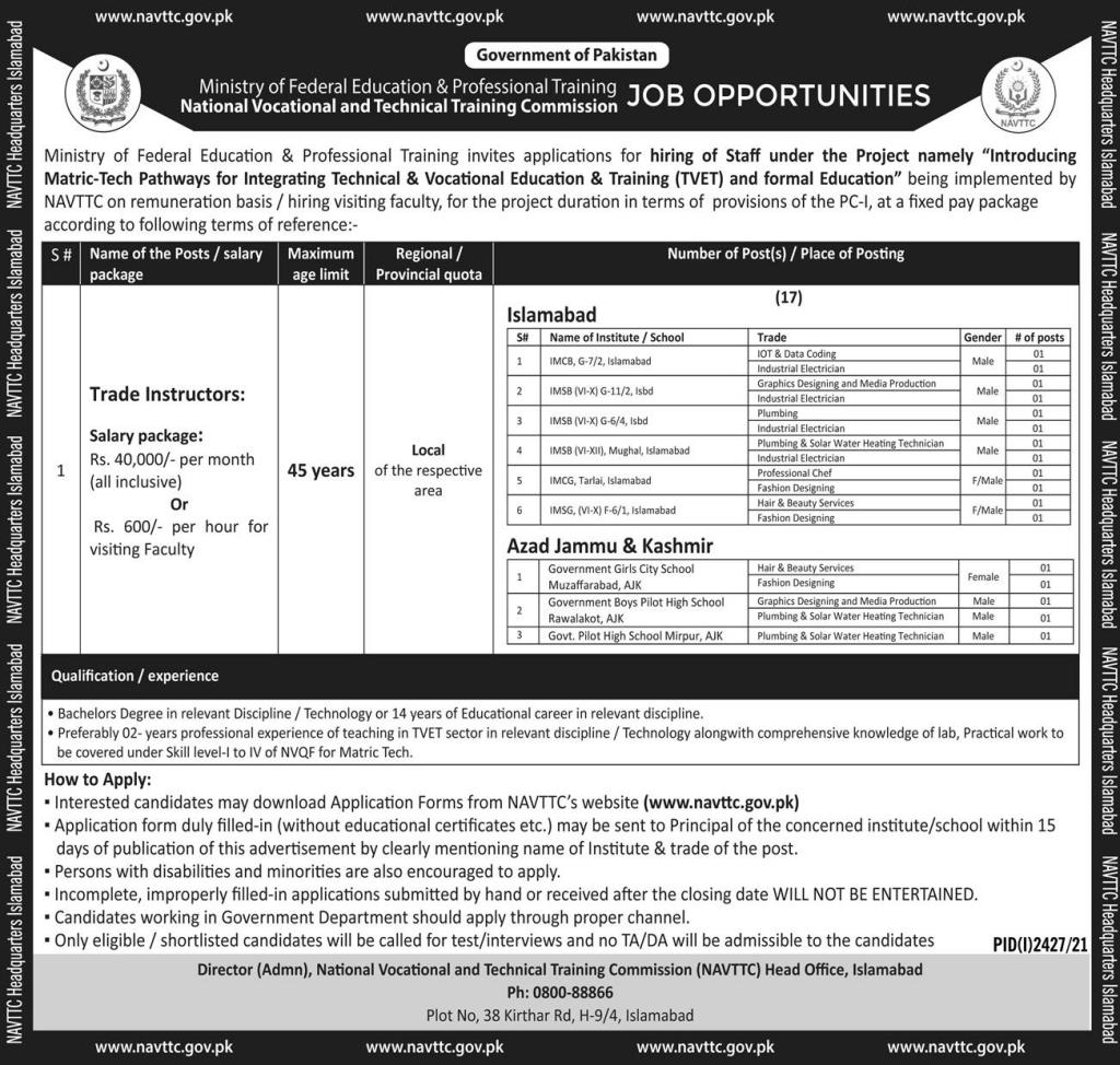 Latest govt jobs NAVTTC Lahore