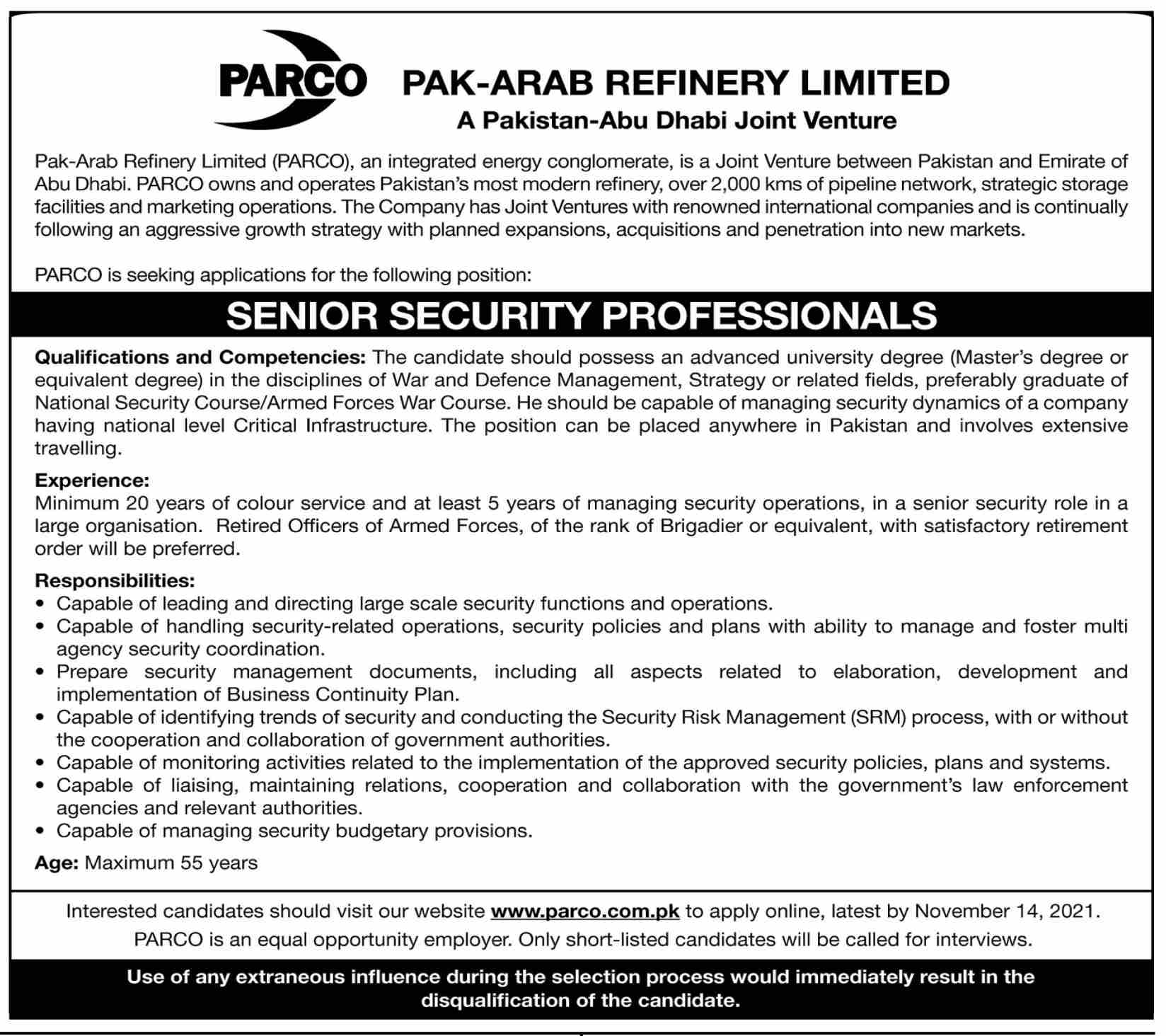 Pak Arab Refinery Limited jobs 2021