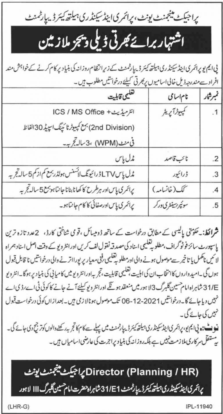 Government of Punjab Primary and Secondary Healthcare Department Jobs 2021