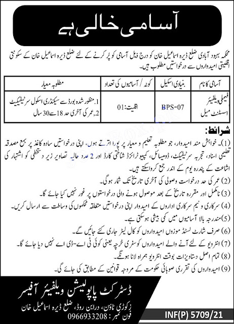 Population Welfare Department govt jobs