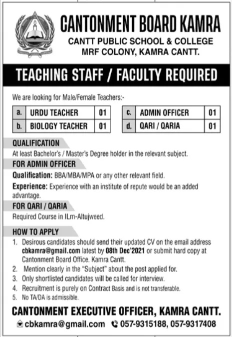 Cantt Public School College MRF Kamra jobs