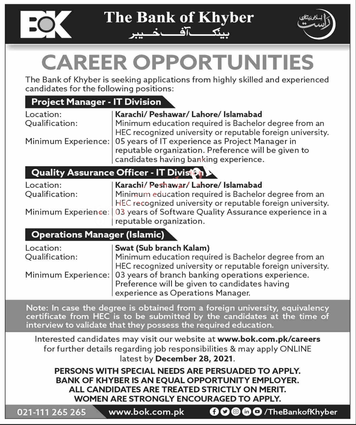 Bank of Khyber BOK Jobs 2021 – Apply Online via bok.com.pk