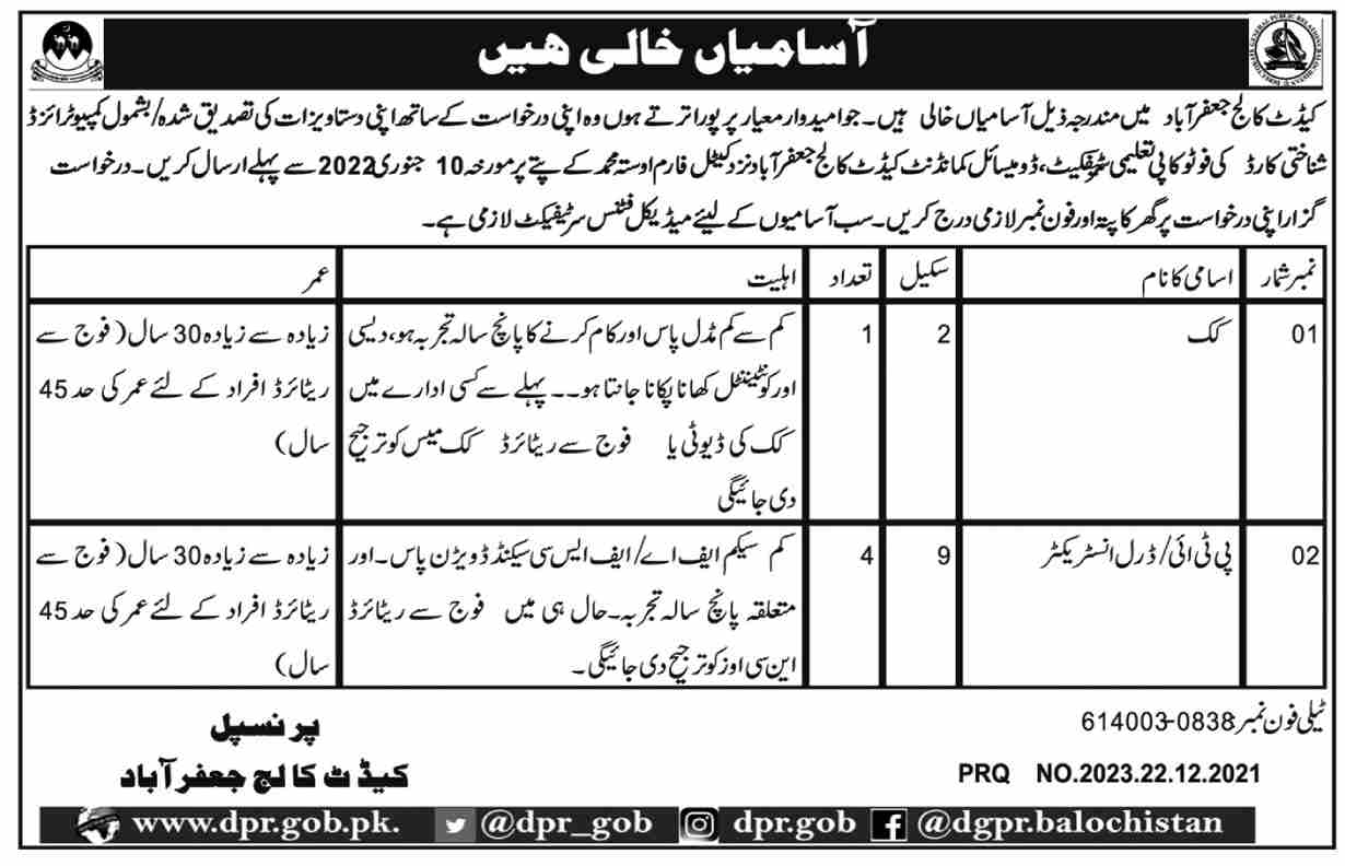 Cadet College Jaffarabad Jobs 2022