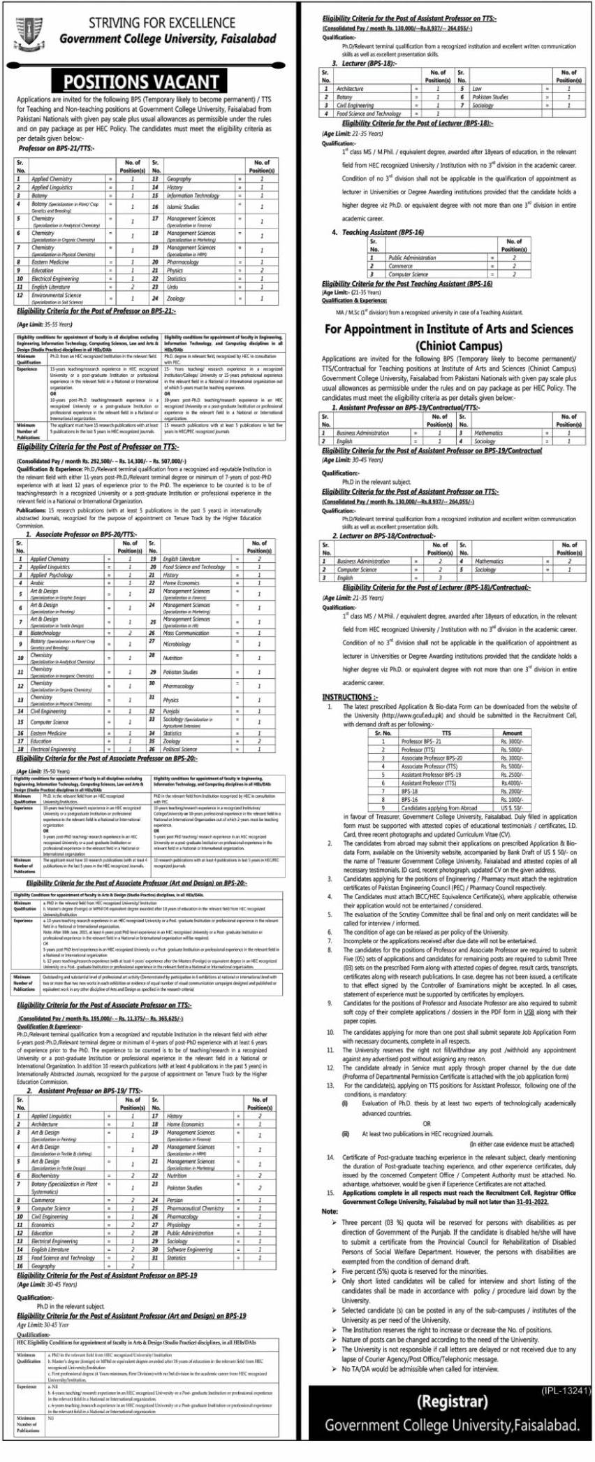 Government College GC University Faisalabad Jobs 2022