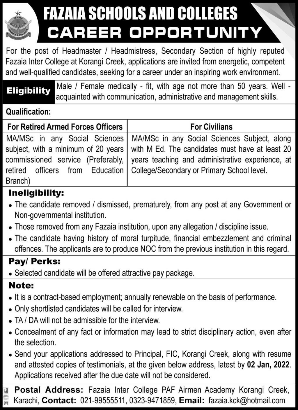 Fazaia Inter College Korangi Creek Karachi Jobs 2022