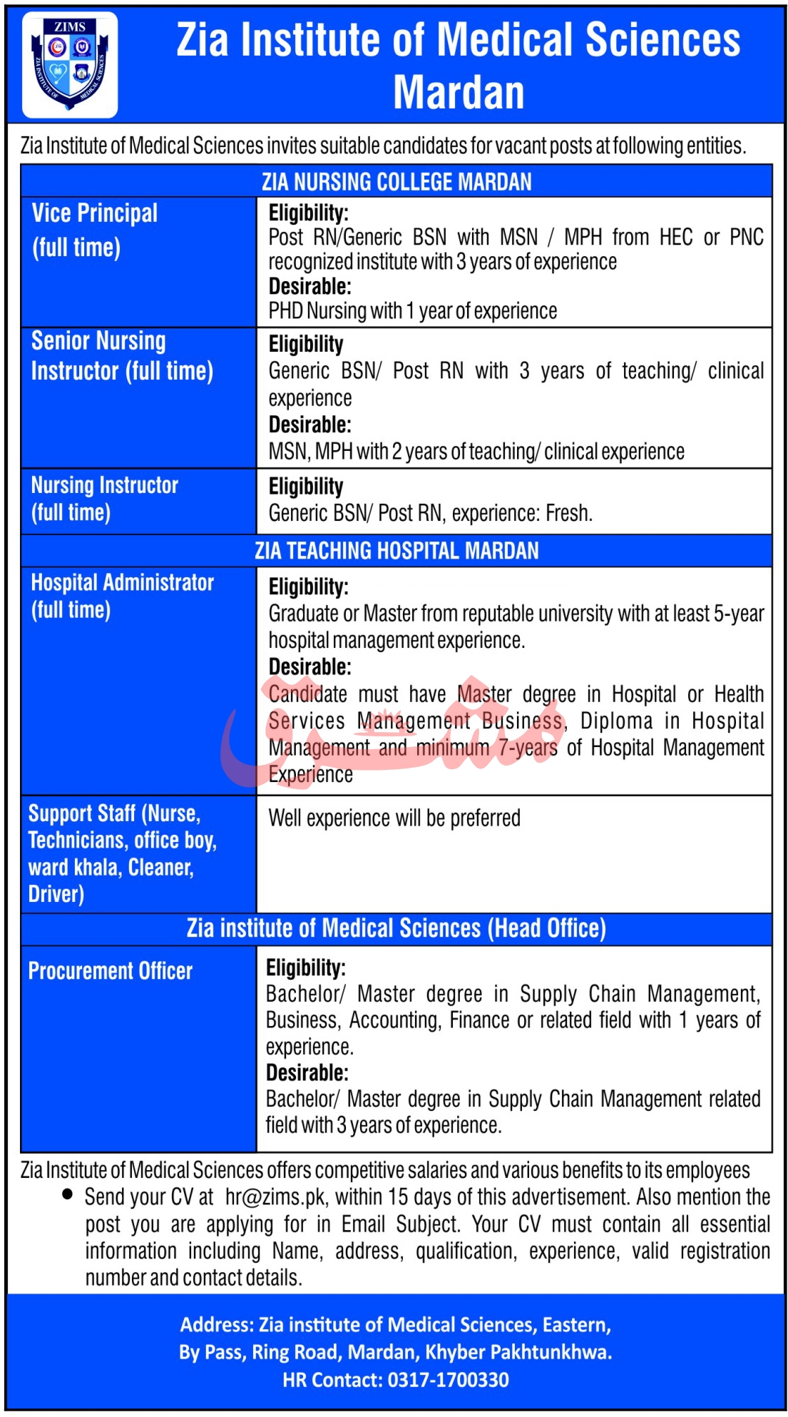 New Jobs today Zia Institute of Medical Sciences