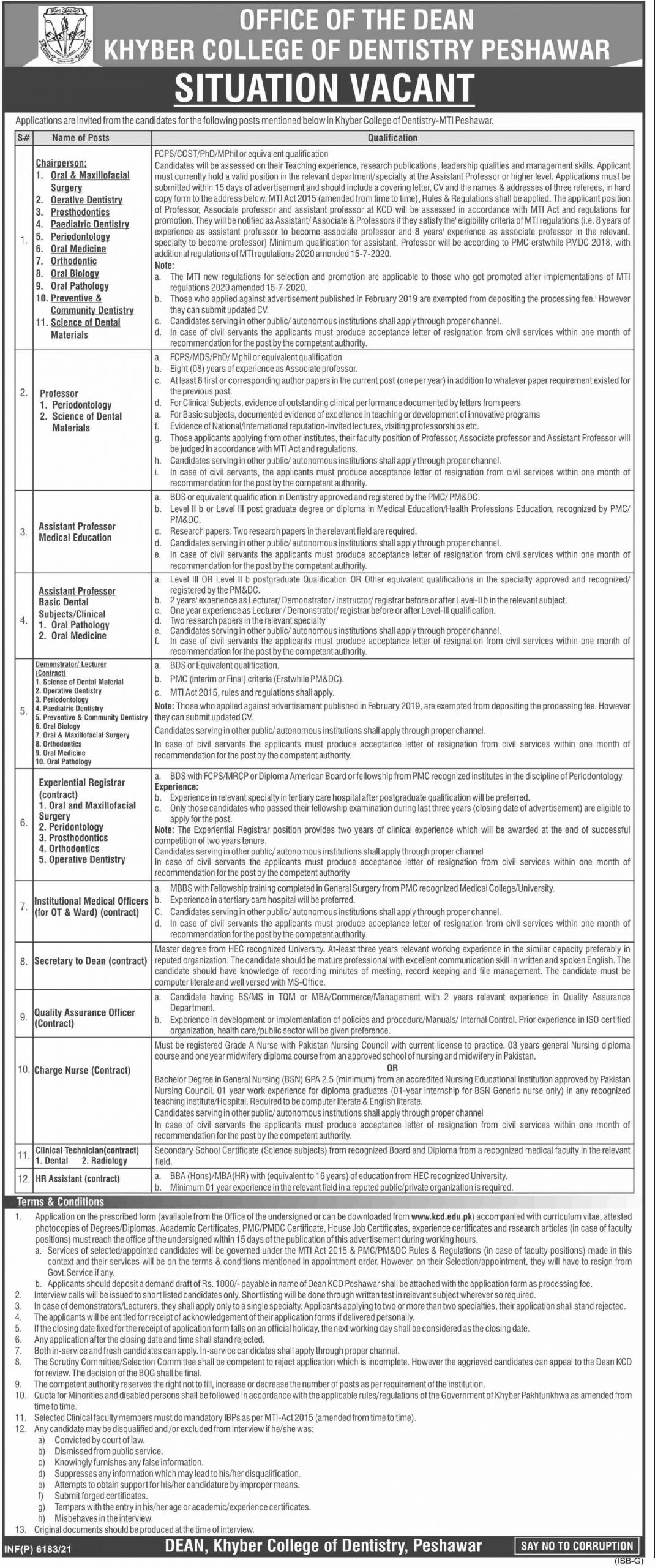 Khyber College of Dentistry jobs