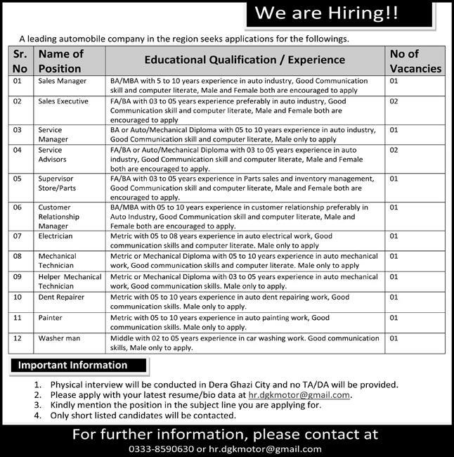 Automobile Company Jobs in Dera Ghazi Khan