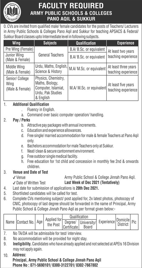 Army Public Schools & Colleges Sukkur Jobs 2021
