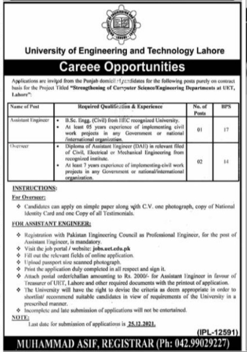 UET Lahore Jobs 2021 for Assistant Engineer & Overseer