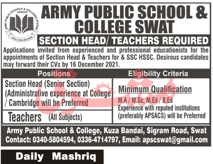 Teachers Jobs in Army Public School and College Swat