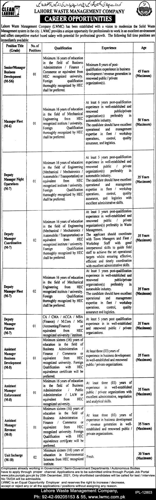 Lahore Waste Management Company LWMC Jobs 2021 Latest