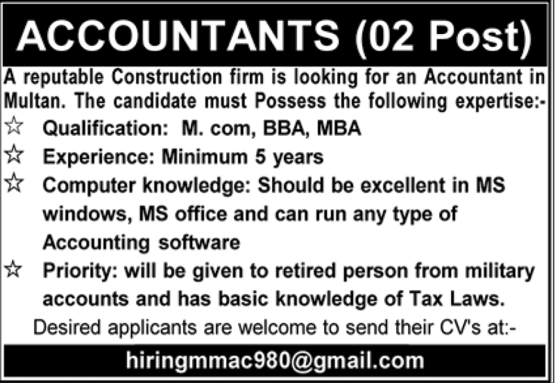 Accountants and Auditor Jobs in Multan