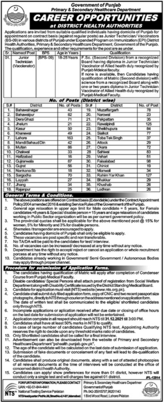 Vaccinators Jobs in Punjab District Health Authorities