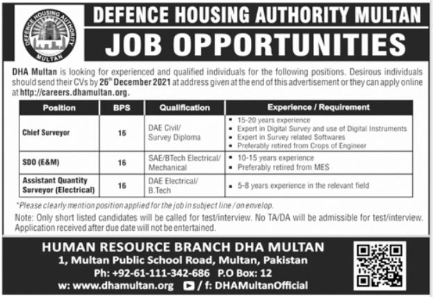 Defence Housing Authority DHA Multan Jobs 2021