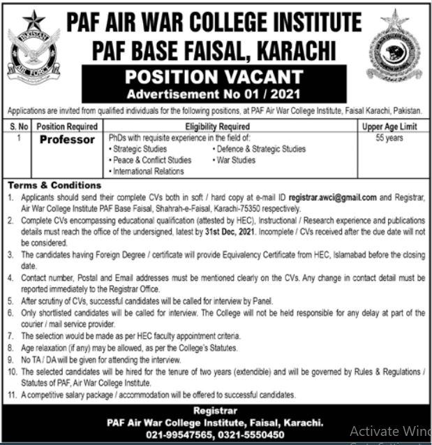 PAF Air War College Institute PAF Faisal Base Karachi Jobs 2021