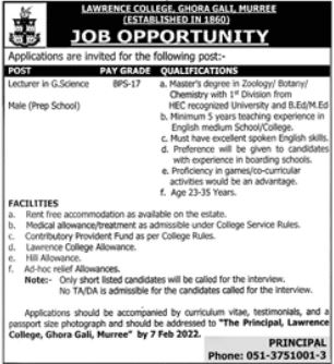 Lawrence College Ghora Gali Murree Jobs 2022 for Lecturers