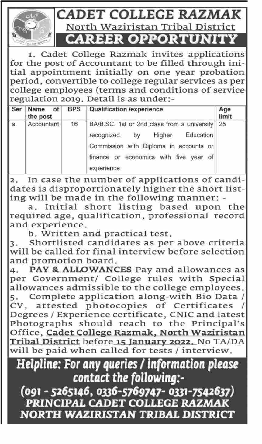 Cadet College Razmak Accountant Jobs 2021
