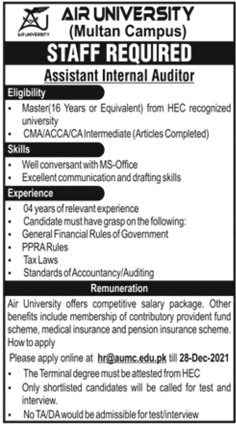 Air University Multan Campus Jobs 2021